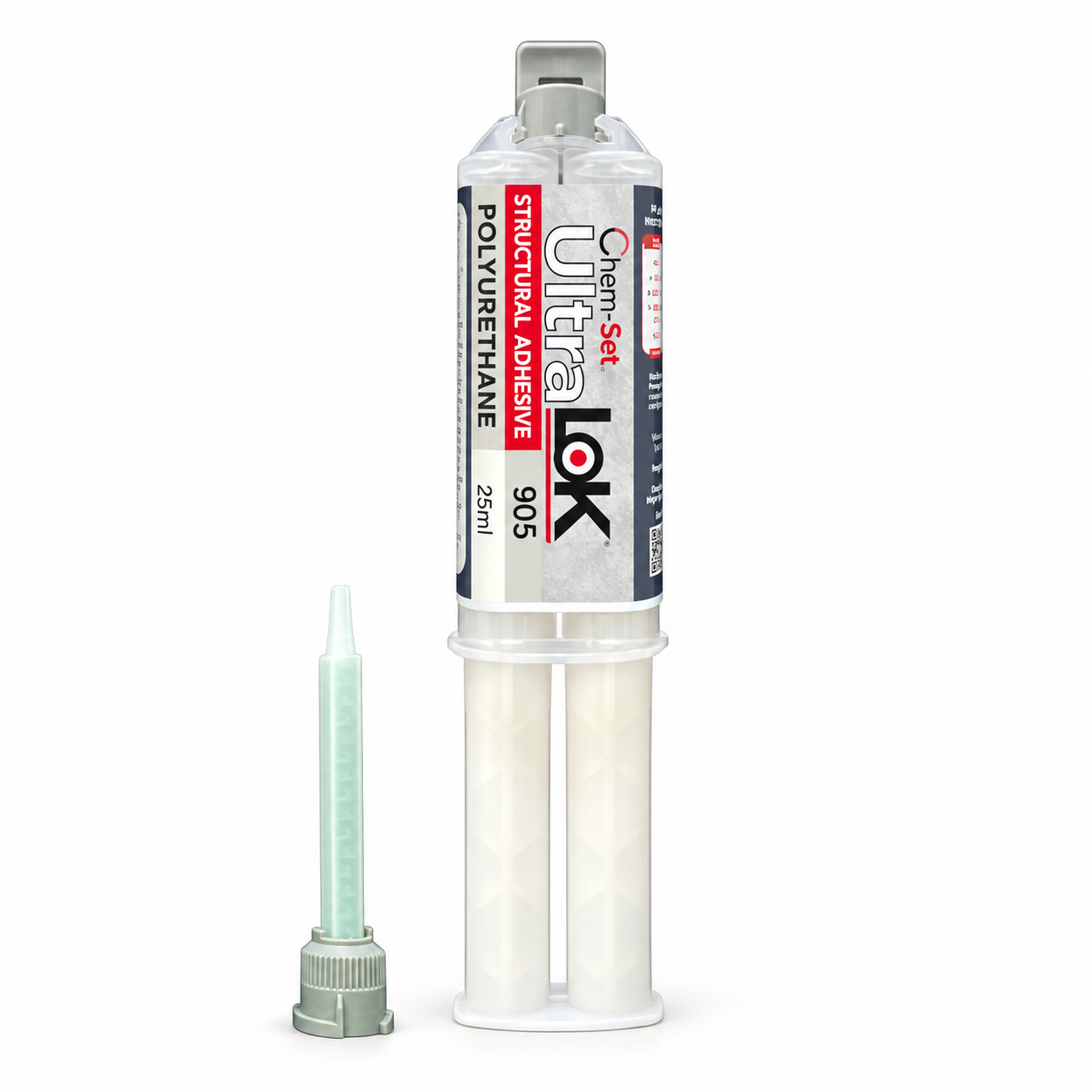 Chem-Set UltraLok 905 polyurethane adhesive in an upright 25 mL dual syringe with a pale green static mixer.