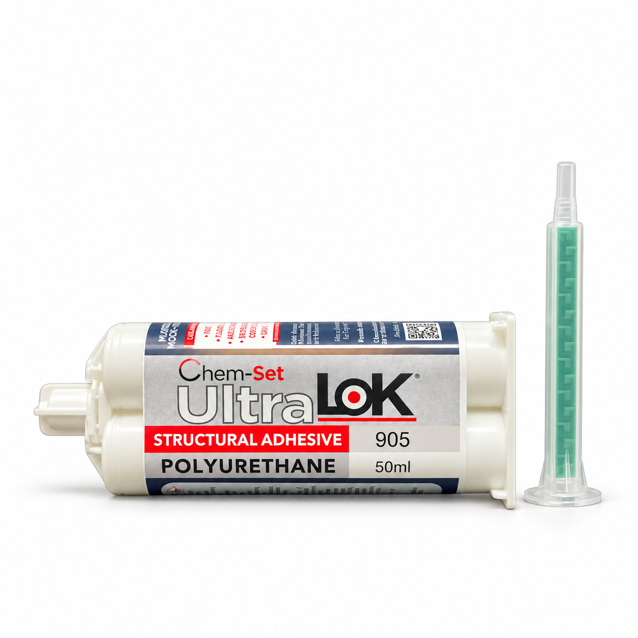 Chem-Set UltraLok 905 polyurethane adhesive in a horizontal 50 mL dual cartridge beside an upright green static mixer.