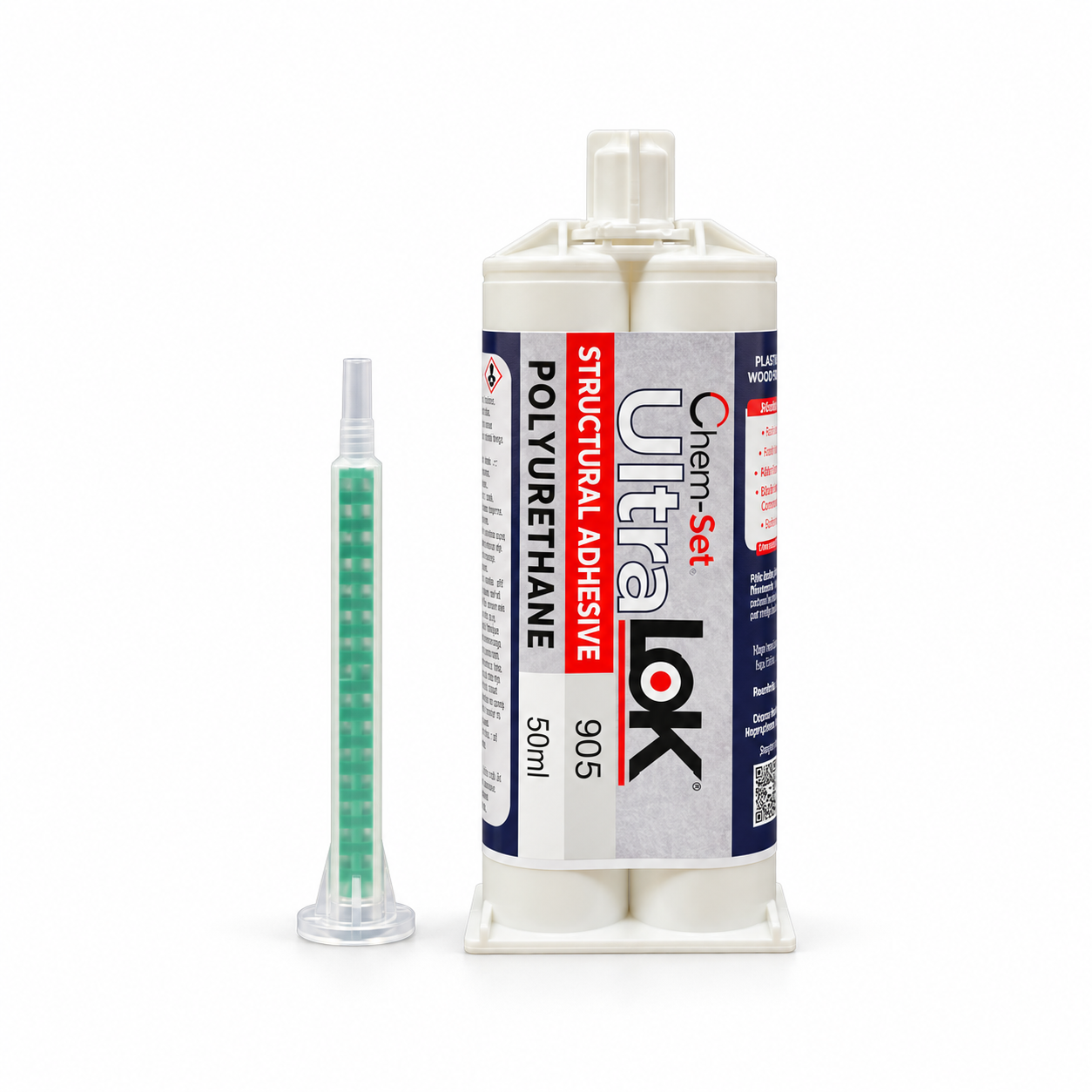 Chem-Set UltraLok 905 polyurethane adhesive in an upright 50 mL dual cartridge with a green static mixer.