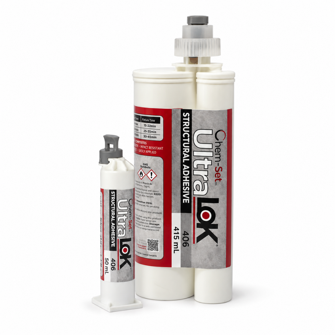 Chem-Set UltraLok 406 acrylic adhesive in 50 mL and 415 mL dual cartridges shown together