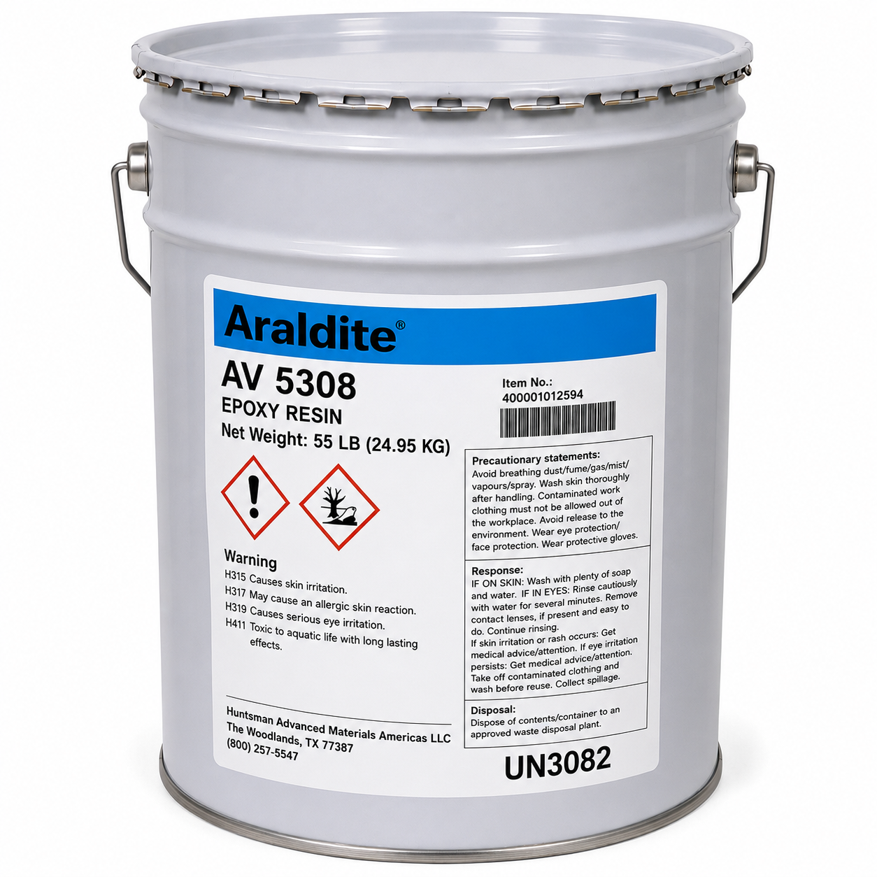 Araldite AV 5308 epoxy resin in a gray 25 kg metal pail with hazard label and handle, shown on a white background.