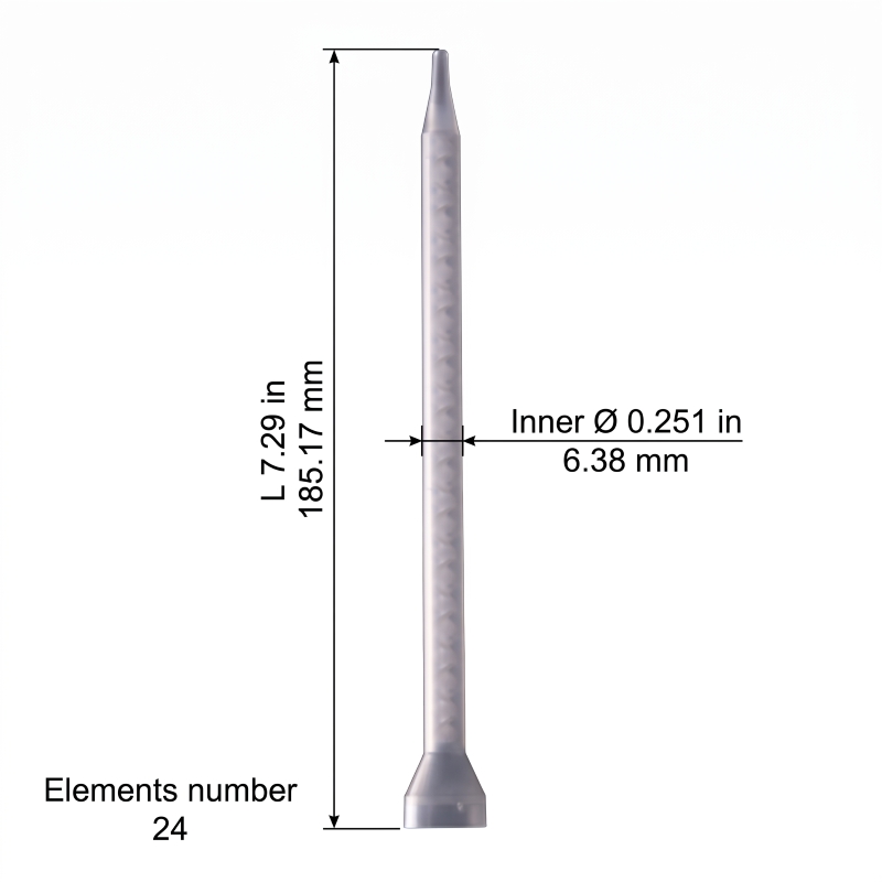 Chem-Set 160-624 static mixer dimensions showing 7.29 in length, 0.251 in inner diameter, and 24 mixing elements