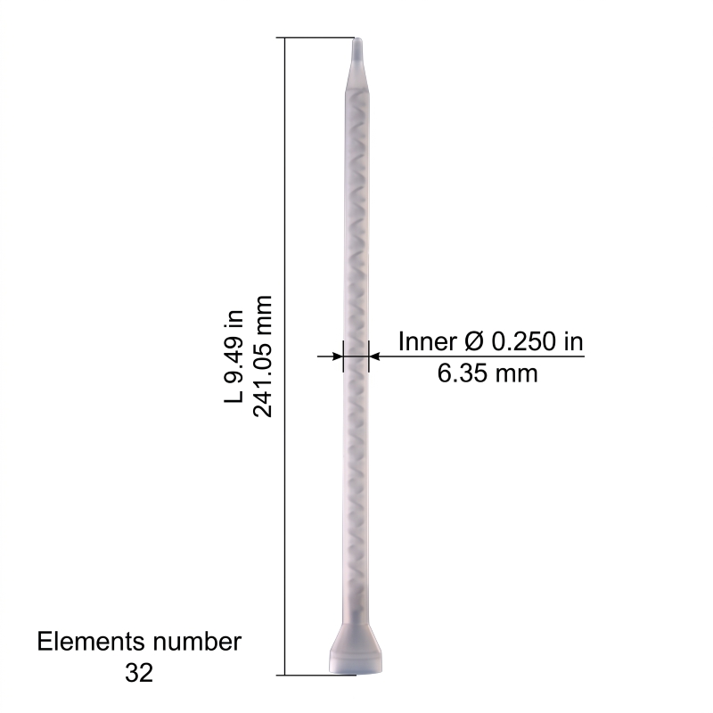 Chem-Set 160-632 static mixer dimensions showing 9.49 in length, 0.250 in inner diameter, and 32 mixing elements
