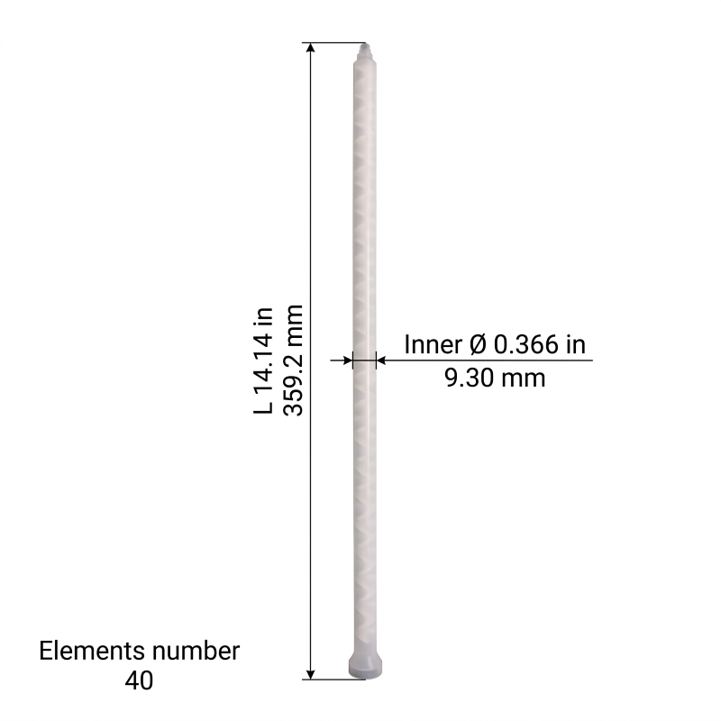 Chem-Set 160-840 static mixer dimensions showing 14.14 in length, 0.366 in inner diameter, and 40 mixing elements