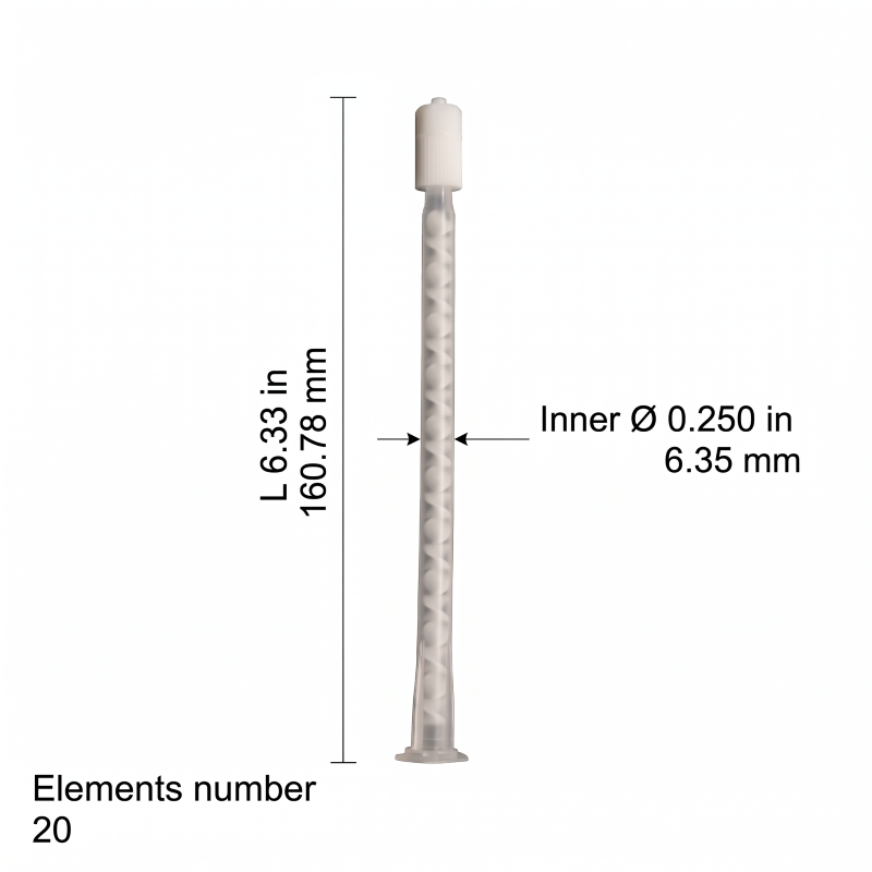 Chem-Set MA 6.3-20LL static mixer dimensions showing 6.33 in length, 0.250 in inner diameter, and 20 mixing elements