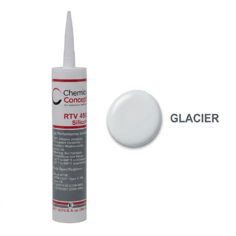 Chem-Set RTV4500 silicone cartridge beside an opaque cool white cured silicone dab labeled Glacier