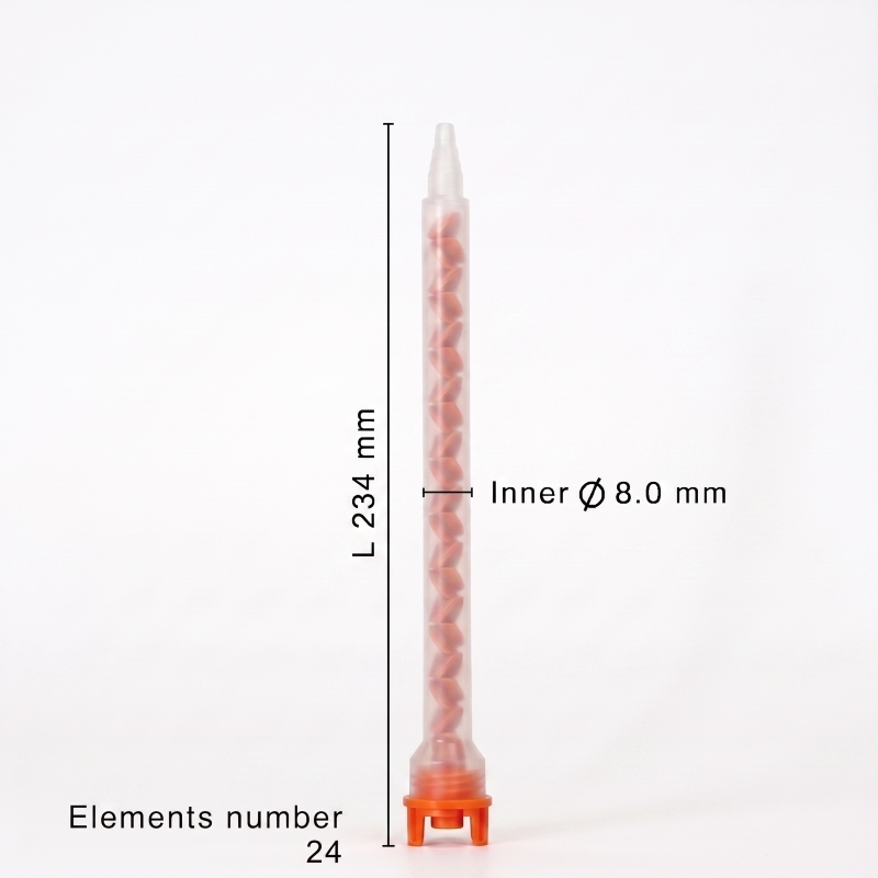 Mixpac MFHX 08-24T static mixer dimensions showing 234 mm length, 8 mm inner diameter, and 24 mixing elements