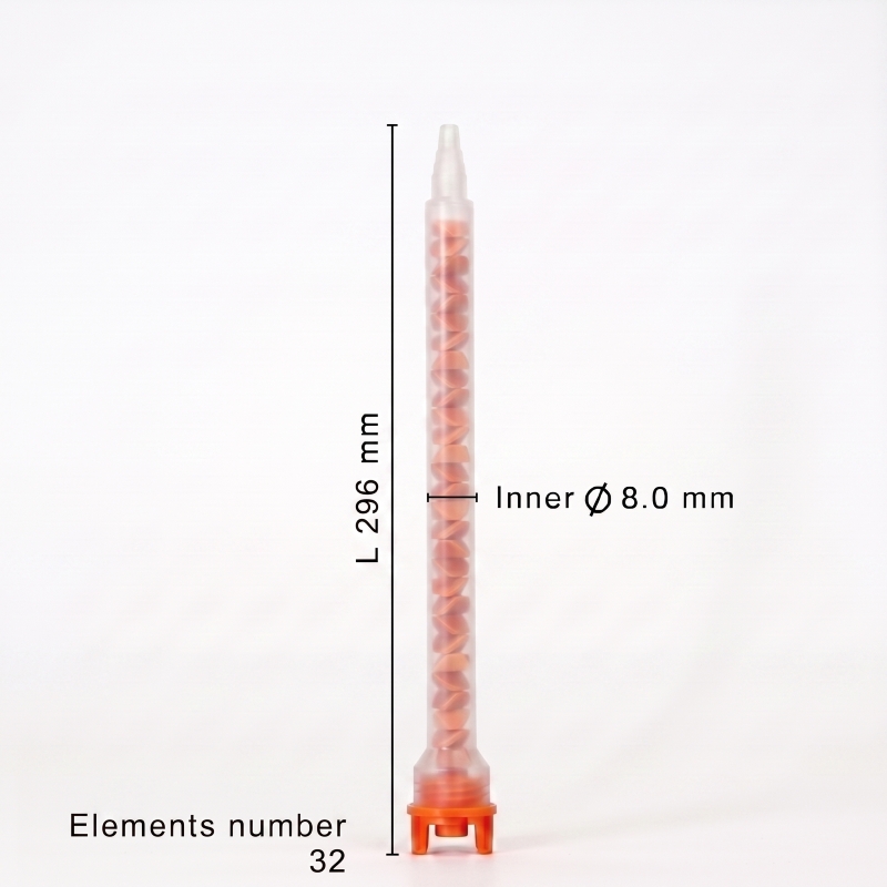 Mixpac MFHX 08-32T static mixer dimensions showing 296 mm length, 8 mm inner diameter, and 32 mixing elements