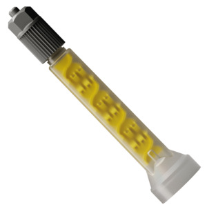 Side view of Xemex X2-C8-7L static mixer showing the yellow 7-element insert inside the 90 mm housing