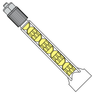 Cutaway diagram of the Xemex X2-C8-7L static mixer showing internal mixing elements, bell connection, and luer-lock outlet