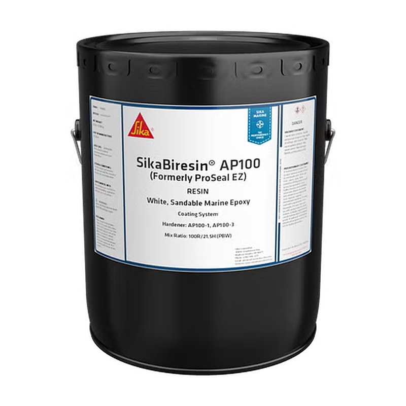 SikaBiresin AP100 white sandable marine epoxy resin in a black pail with Sika label