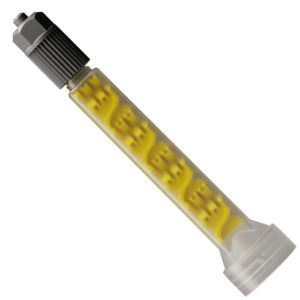 Side view of Xemex X2-C8-8L static mixer showing the yellow 8-element insert inside the 98.8 mm housing