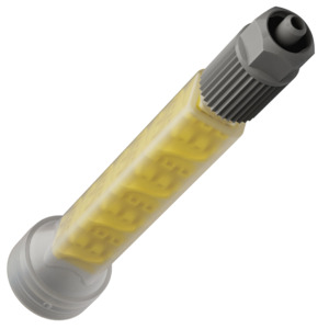 Xemex X2-C8-8L static mixer showing the bell connection and knurled luer-lock outlet