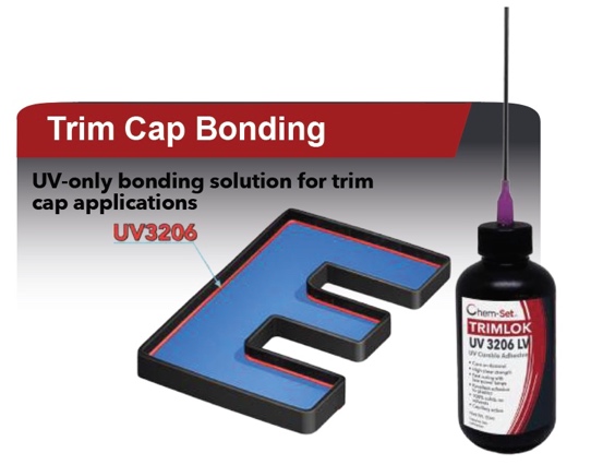 Polycarbonate or PVC trim cap to acrylic faces with tight bonding areas