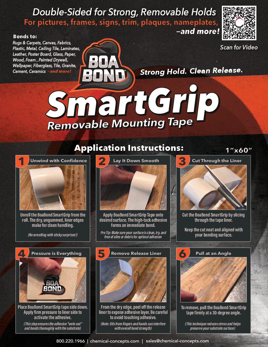 BoaBond SmartGrip Standard Removable Mounting Tape, 1 in x 5 ft Roll