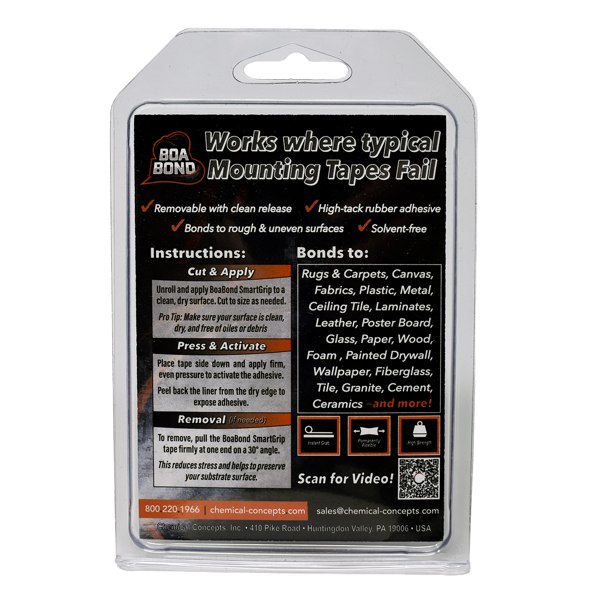 BoaBond SmartGrip Standard Removable Mounting Tape, 1 in x 5 ft Roll