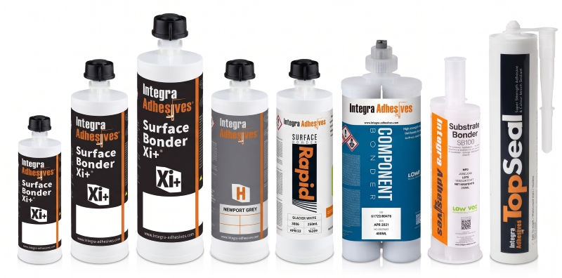 Integra Adhesives product line including Surface Bonder Xi+ in 100ml, 250ml and 500ml cartridges, Surface Bonder Horizon, Surface Bonder Rapid, Component Bonder, Substrate Bonder SB100 and TopSeal