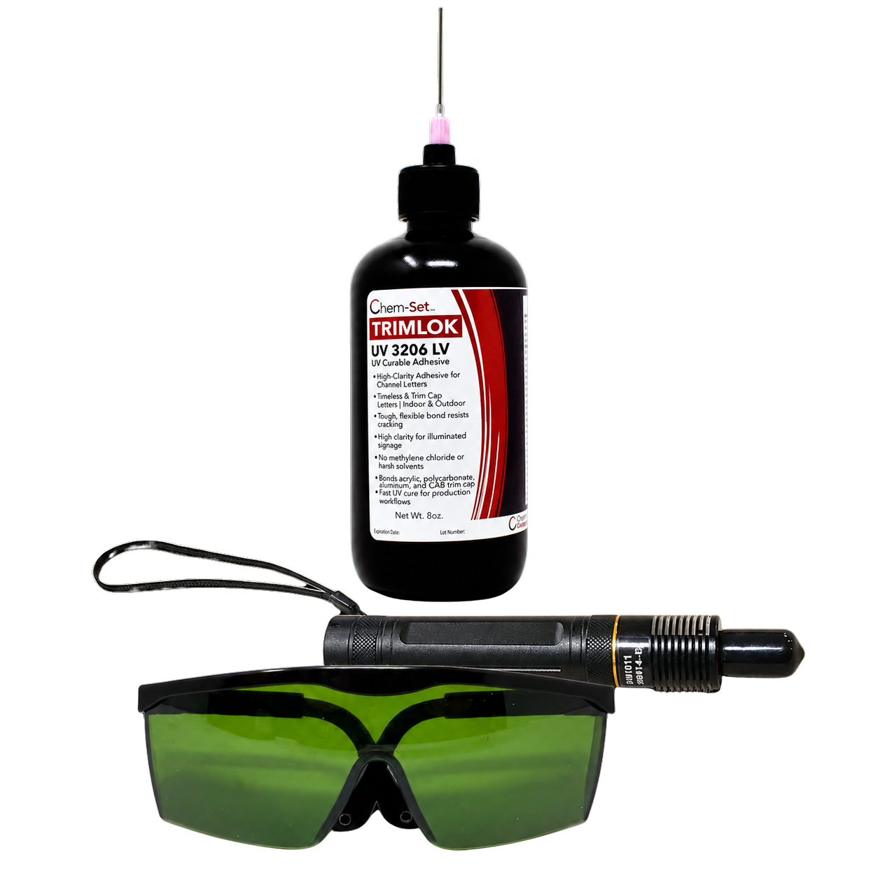 Chem-Set TrimLok UV 3206 LV starter kit with one 8 oz UV-curable adhesive bottle, UV curing light, and green safety glasses.