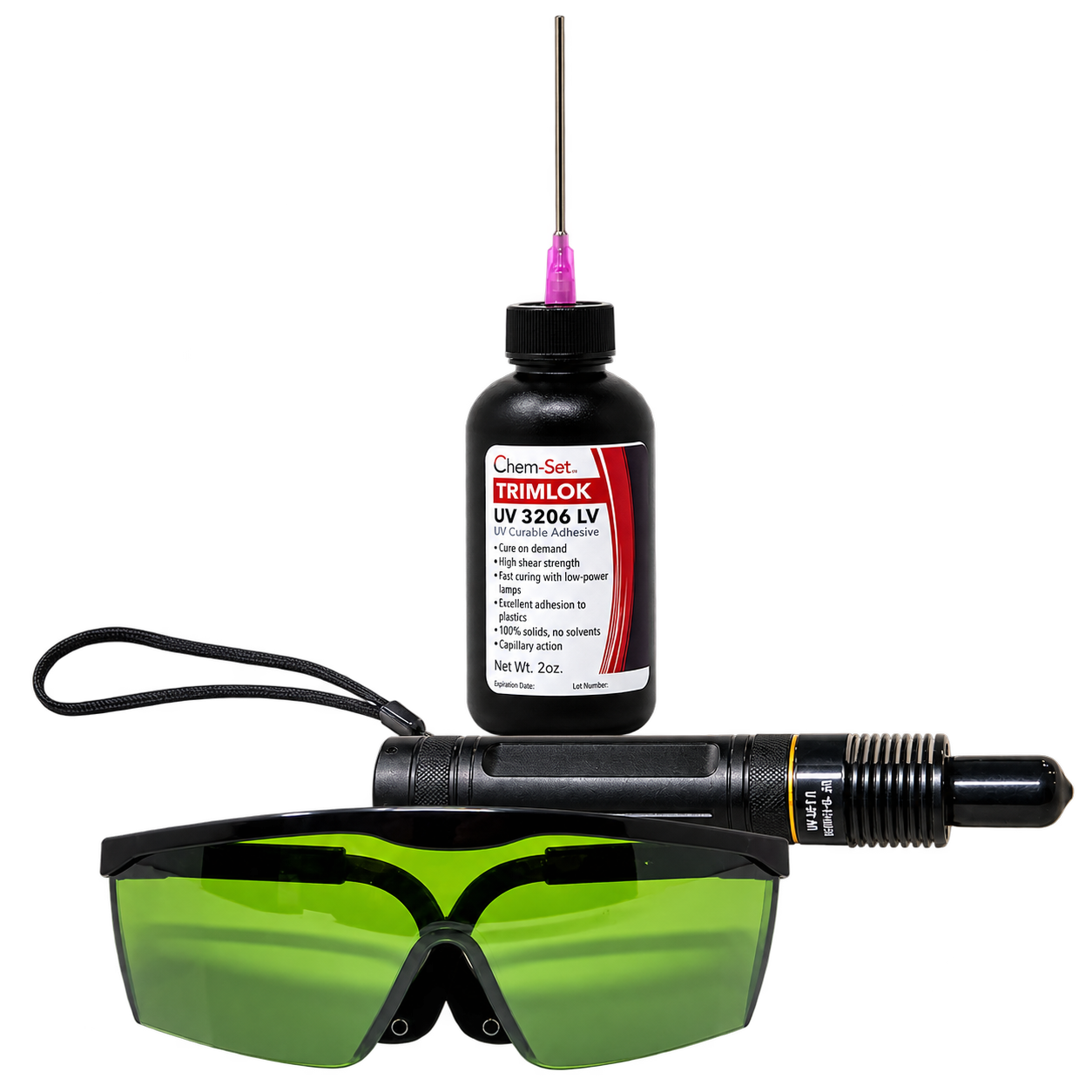 Chem-Set TrimLok UV 3206 LV starter kit with one 8 oz UV-curable adhesive bottle, UV curing light, and green safety glasses.
